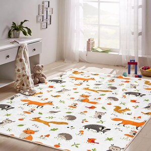 Alfombra caprichosa con animales del bosque – Alfombra suave para habitación infantil con zorro, ciervo y erizo – Tapete para sala de juegos infantil – Ideal para baby shower imagen 8