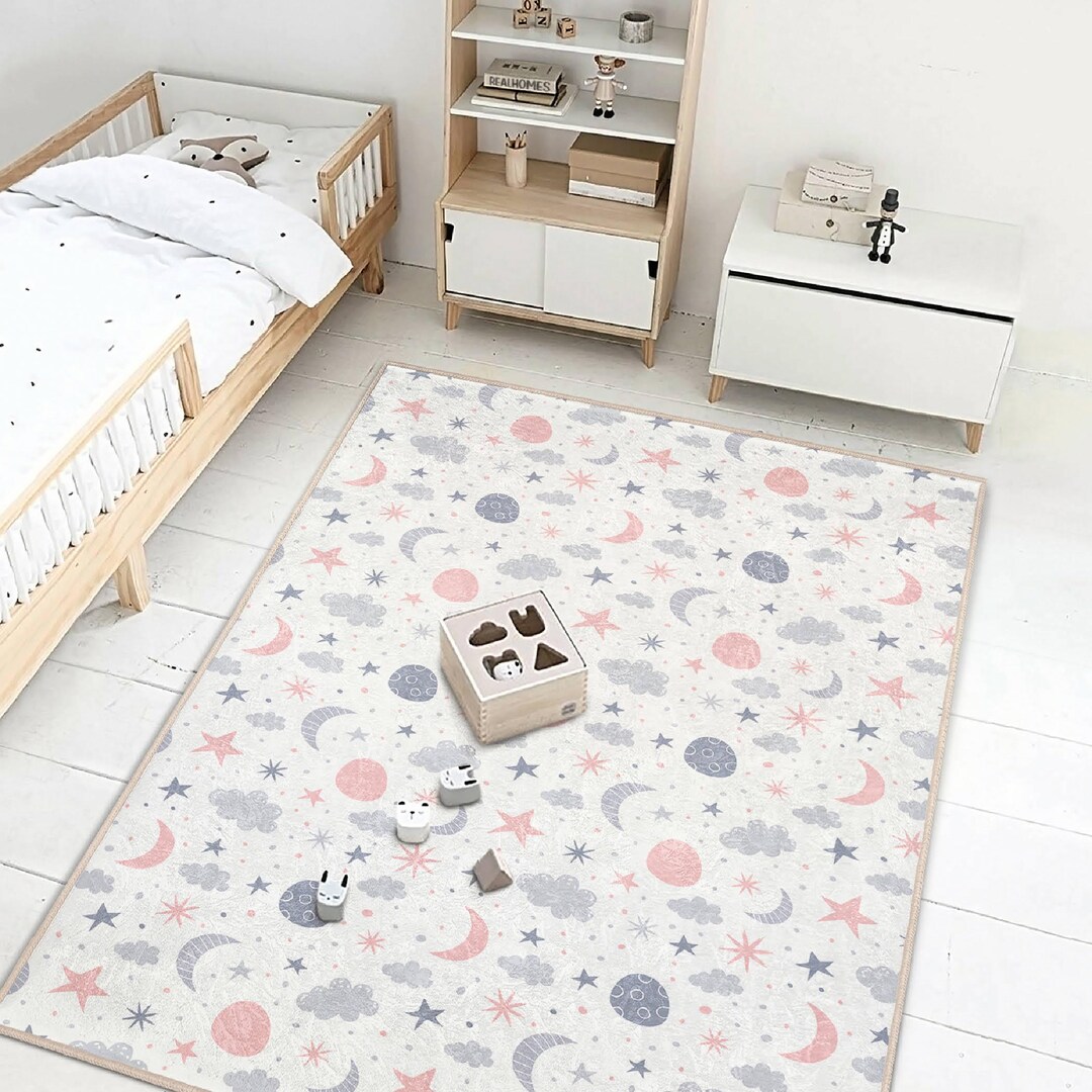 Moon and Stars Nursery Rug: Anti-allergic Kids Room Carpet - Etsy