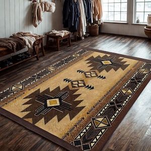 Southwestern Geometric Rug, Beige Brown Tribal Carpet, Boho Living Room Decor, Soft Area Rug, Aztec Pattern, Ethnic Floor Mat