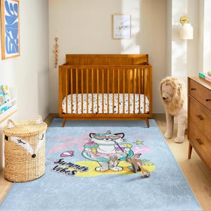 Zomertapijt kat eenhoorn – grijze speelmat met surfkatje, schattig pastelkleurige meisjeskamertapijt, kraamcadeau - decor kinderkamer