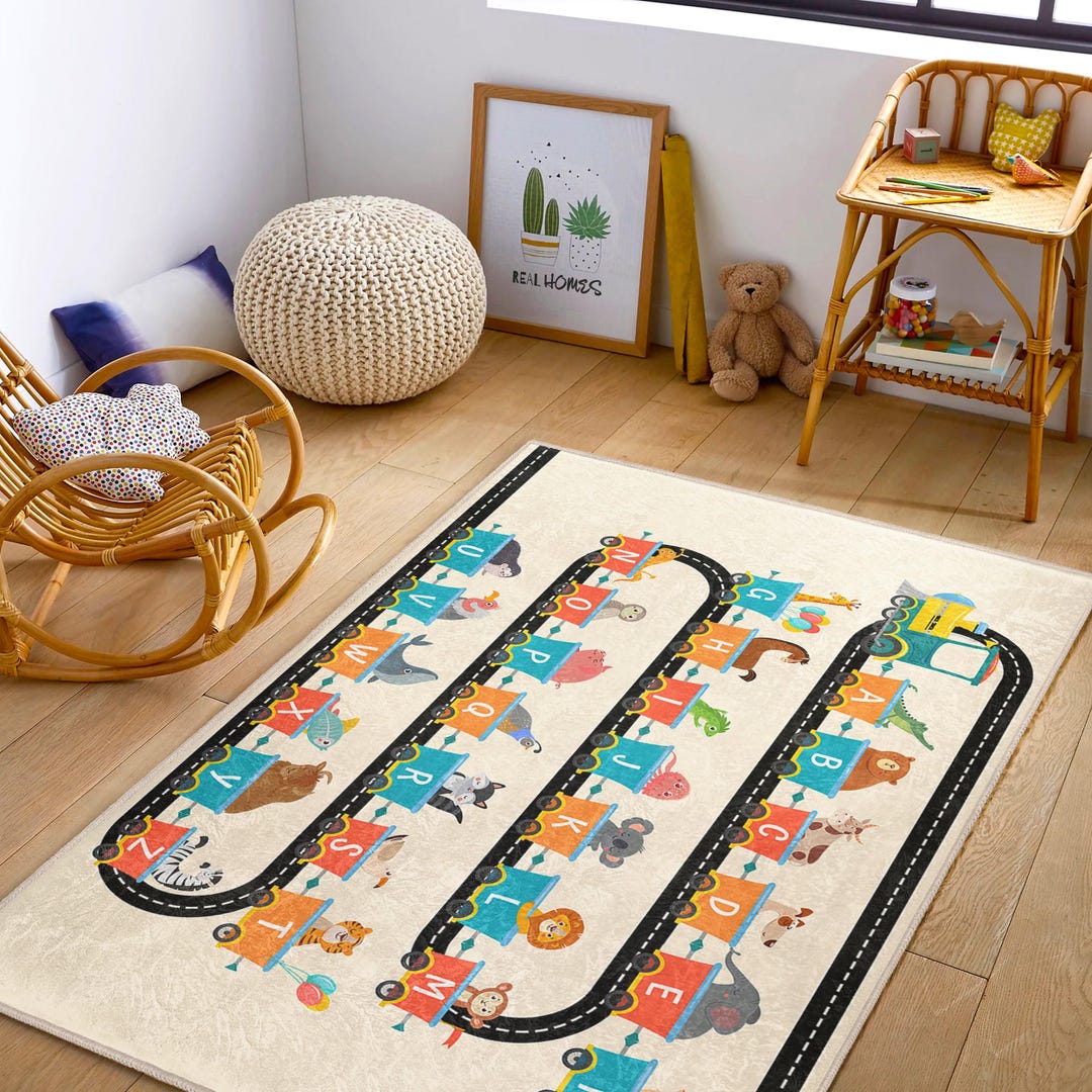 Classroom Train Rug Kids Alphabet Animal Train Rug ABC Learning Play Mat Soft Educational ...
