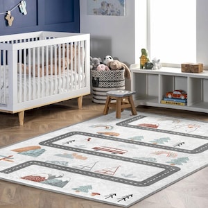 Kids Road Adventure Rug - Playful Nursery Mat with Car, Bus, Rainbow - Baby Shower Gift Play Rug - Playroom Decor