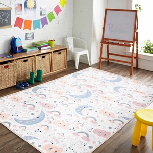 Alfombra de habitación infantil &quot;Dulces Sueños&quot; - Luna Suave - Alfombra de Estrellas con Caritas Dormilones - Flores Pastel / Alfombra de Juegos - Idea de Regalo para Baby Shower