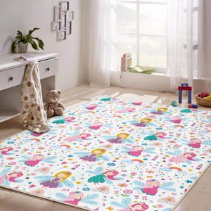 Fairy Princess Kids Rug – Soft Non-Slip Carpet with Rainbow, Butterfly - Flower Print for Girl’s Room, Nursery or Playroom Decor