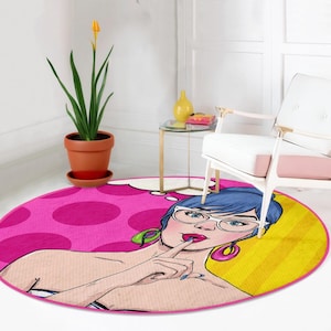 Colorful Pop Art Girl Rug – Round Cartoon Floor Mat with Speech Bubble Design for Kids Room, Teen Decor, or Creative Spaces