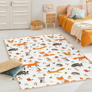 Alfombra caprichosa con animales del bosque – Alfombra suave para habitación infantil con zorro, ciervo y erizo – Tapete para sala de juegos infantil – Ideal para baby shower imagen 1