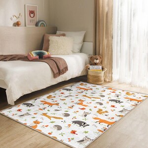 Alfombra caprichosa con animales del bosque – Alfombra suave para habitación infantil con zorro, ciervo y erizo – Tapete para sala de juegos infantil – Ideal para baby shower imagen 2