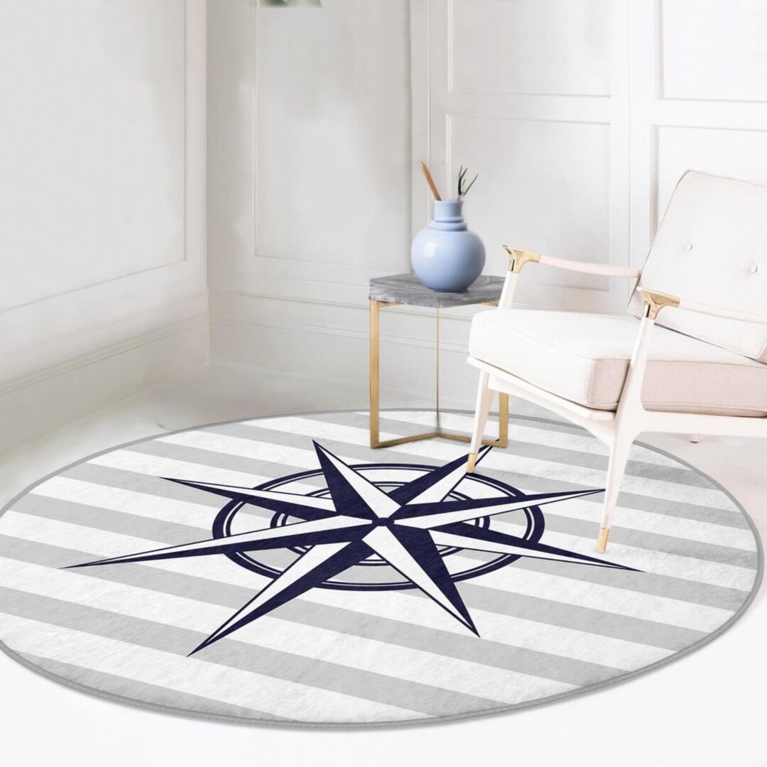 Blue Compass Rug Nautical Compass Rug: Navy Blue Striped Round Mat, Coastal Decor - Etsy