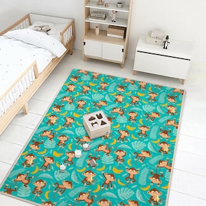 Jungle Monkey Kids Rug – Banana - Leaf Print | Soft Playroom Carpet for Baby Nursery, Toddler Room, Tummy Time - Gift Idea