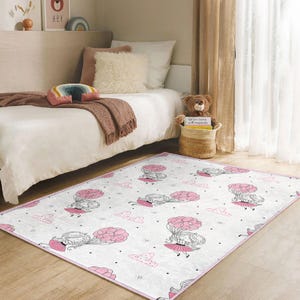 Girl With Balloons Carpet|Playful Pink Rug|White Girl's Room Carpets|Cartoon Girls Balloon Rugs|Bestselling Kid's Room Carpet|Whimsical Mat