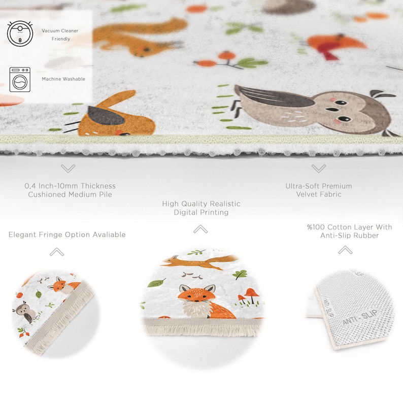 Alfombra caprichosa con animales del bosque – Alfombra suave para habitación infantil con zorro, ciervo y erizo – Tapete para sala de juegos infantil – Ideal para baby shower imagen 10