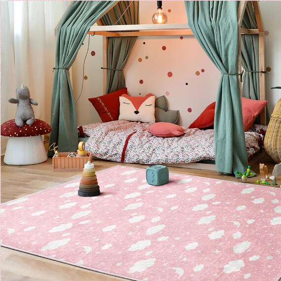 Pink Kid's Activity Rug|cloud Design Preschool Carpet|custom