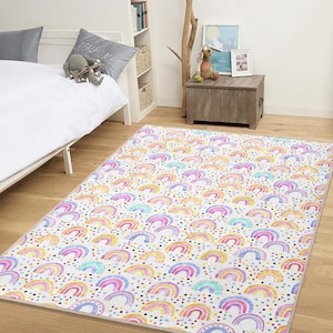 Rainbow Nursery Rug – Colorful Soft Kids Carpet with Dots for Baby Room, Non-Slip Play Mat, Toddler Floor Decor - Gift Idea