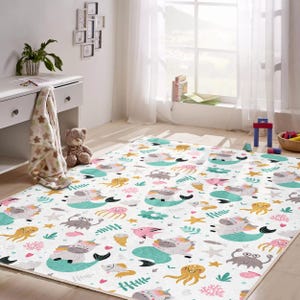 Ocean Mermaid Animal Rug – Soft Non-Slip Nursery Carpet with Sea Creatures - Waves | Under the Sea Toddler Play Mat | Baby Room Decor