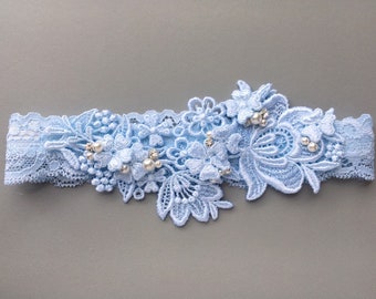 Blue Lace Wedding Garter | Something Blue Bridal Garter | Beaded Garter | Blue Wedding Garter, Pearl, Crystal Beading | Florence Garter