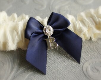 Wedding Garter SET in Ivory and Navy Blue - Silk Bridal Garters - "Adelaide" - Also Available in White - Wedding Day Something Blue