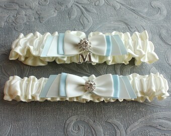 Wedding Garter SET in Ivory and Blue - the Fiona Bridal Garter (Also Available in White or Off-white) - Wedding Day Something Blue