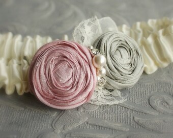 Garter SET - Ivory with Pink and Gray Roses (Or Pick your Colors) - the Penelope Garter