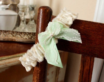 Silk & Lace Wedding Garter SET -- Ivory and Mint Green - Audrey (Custom Colors Available) - Vintage Inspired Bridal Garters