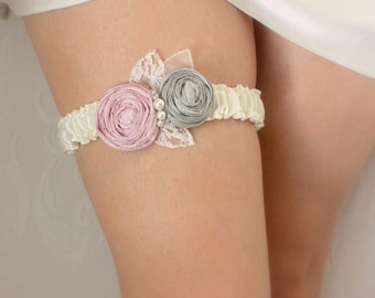 Wedding Garter - Ivory with Grey and Pink Roses (Or Pick Your Colors) - the Penelope Garter - Silk Bridal Garter