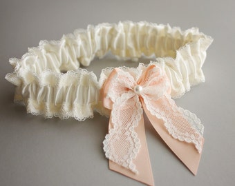 Silk & Lace Wedding Garter SET - Ivory, Peach - Audrey (Custom Colors Available) - Vintage Inspired Wedding Garter with Toss Garter