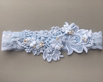 Blue Lace Wedding Garter | Something Blue Bridal Garter | Beaded Garter | Blue Wedding Garter, Pearl, Crystal Beading | Florence Garter