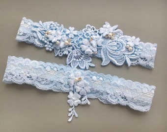 Blue Lace Wedding Garter Set | Something Blue Bridal Garter Set | Beaded Garters | Blue Wedding Garter, Pearl, Crystal Beading | Florence