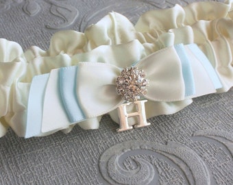 Silk Wedding Garter - Ivory and Blue, Personalized with Silver Initial - "Fiona" - something blue for bride