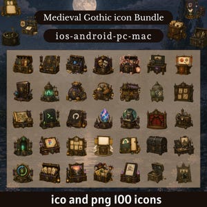 May include: A digital collection of Medieval Gothic icon Bundle for ios-android-pc-mac featuring 100 icons in ico and png formats. The set includes various dark-toned, ornate illustrations of chests, books, scrolls, and magical artifacts.