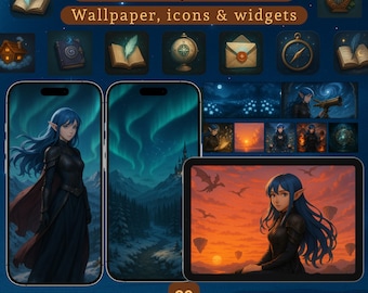 Set met achtergronden van een duistere fantasy-animemeisje | App-pictogrammen en widgets (iOS en Android)
