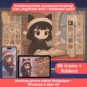 May include: A digital desktop wallpaper pack with a Christmas Dark Academia theme. The image features a cartoon girl wearing a cat-eared Santa hat, surrounded by icons, and a smartphone and tablet displaying matching illustrations. The pack includes 96 icons and folders.
