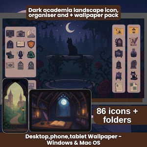 Puede incluir: Paquete de fondos de pantalla digitales con temática de academia oscura, con iconos y carpetas. La imagen presenta una estética gótica oscura con una luna creciente, un gato negro y una escena de bosque. El paquete incluye 86 iconos y carpetas para escritorio, teléfono y tableta, compatibles con Windows y Mac OS.