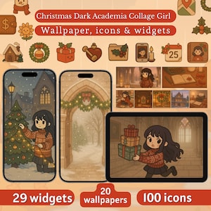 May include: A digital art collection featuring a Christmas Dark Academia theme. The image showcases phone and tablet screens with wallpapers, icons, and widgets. The collection includes 29 widgets, 20 wallpapers, and 100 icons, all with a cozy, festive aesthetic.
