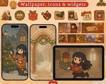 May include: A digital art collection featuring a Christmas Dark Academia theme. The image showcases phone and tablet screens with wallpapers, icons, and widgets. The collection includes 29 widgets, 20 wallpapers, and 100 icons, all with a cozy, festive aesthetic.