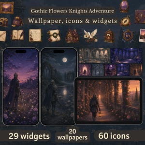 Op de afbeelding: Een digitaal assetpakket getiteld Gothic Flowers Knights Adventure Wallpaper, icons & widgets, met 20 achtergronden, 60 iconen en 29 widgets. De weergave toont mobiele en tablet-schermen met donkere, fantasierijke ridderafbeeldingen.