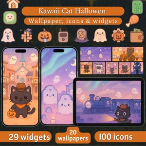 Op de afbeelding: Een digitale illustratie met een Halloween-thema met kawaii kat-personages. De afbeelding toont telefoon- en tabletschermen met wallpapers, iconen en widgets. De tekst luidt "Kawaii Cat Halloween" en vermeldt 20 wallpapers, 100 iconen en 29 widgets.