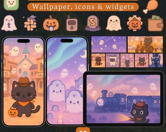 Kawaii Halloween Cat Adventure iOS Theme | iPhone App Icons Pack, iPad - iPhone Wallpapers, Android - iOS Icon Set, Cute Autumn Phone Theme