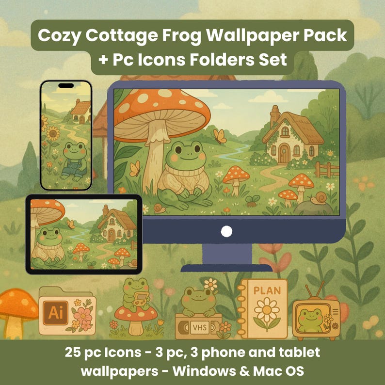 Cozy Cottage Frog Desktop Icon - Wallpaper Set | Cute Folder Pack for ...