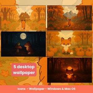May include: A collection of five desktop wallpapers featuring cartoon foxes in autumnal scenes. The images include a fox walking through a forest, a fox near pumpkins, and a fox under a full moon. The text "5 desktop wallpaper" is also present.
