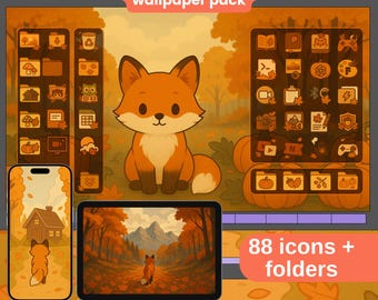 Tema Cozy Fox para Área de Trabalho: Papel de Parede de Outono e Ícones de Pastas (Download Digital)