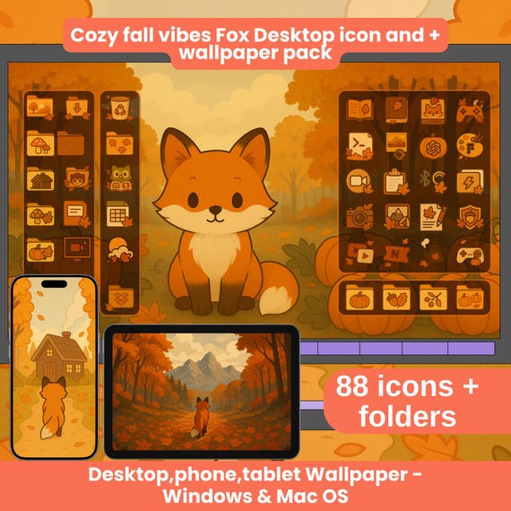 Cozy Fox Desktop Theme: Fall Wallpaper & Folder Icons (Digital Download)