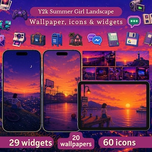 May include: A digital Y2k Summer Girl Landscape set featuring 29 widgets, 20 wallpapers, and 60 icons. The display shows smartphones and a tablet with vibrant sunset-themed backgrounds, including a basketball court and a seaside pier scene.