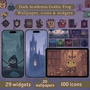 May include: Digital art display with a Dark Academia Gothic Frog theme. The image shows phone and tablet screens with wallpapers, widgets, and icons. The design includes a frog character, gothic architecture, and decorative elements.