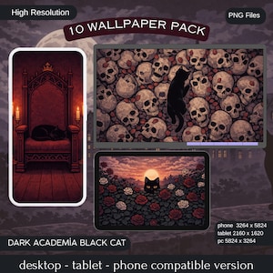 May include: Digital wallpaper pack featuring a black cat theme. Includes designs for desktop, tablet, and phone. The pack includes images of a cat on a throne, a cat among skulls, and a cat in a rose garden. The text on the image says "10 WALLPAPER PACK".
