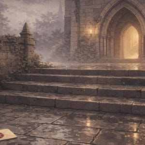 Pode incluir: Uma escadaria de pedra leva a uma porta arqueada em um edif&iacute;cio medieval. A cena se passa na chuva, com uma carta selada com cera no ch&atilde;o de pedra molhada. O edif&iacute;cio &eacute; de pedra, com hera nas paredes.