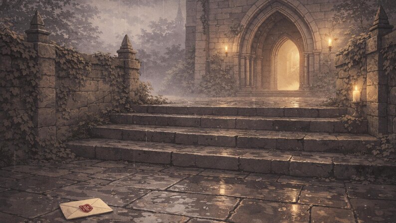 Pode incluir: Uma escadaria de pedra leva a uma porta arqueada em um edif&iacute;cio medieval. A cena se passa na chuva, com uma carta selada com cera no ch&atilde;o de pedra molhada. O edif&iacute;cio &eacute; de pedra, com hera nas paredes.