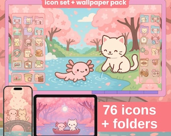 May include: A digital desktop icon set and wallpaper pack featuring a kawaii axolotl and cat theme. The pink-themed design includes 76 icons and folders, with a matching wallpaper for desktop, phone, and tablet. Compatible with Windows and Mac OS.