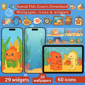 Kawaii Fish App icons - Phone Theme and App İcons | Kawaii Aesthetic Phone Wallpaper - widgets pack | ipad Wallpaper Android - ios theme