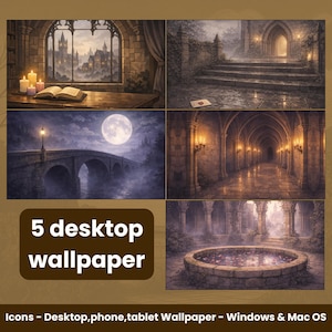 Pode incluir: Uma colagem de cinco pap&eacute;is de parede para desktop com tema de fantasia. As imagens retratam cenas como uma vista do castelo de uma janela, uma ponte de pedra sob a lua cheia e um longo corredor arqueado. O texto na imagem diz "5 desktop wallpaper".