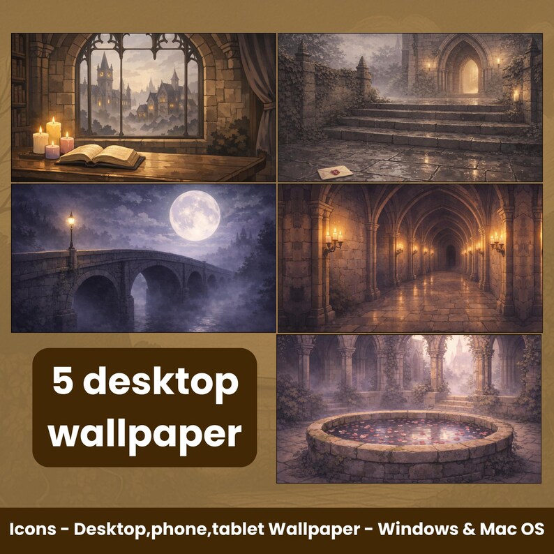 Pode incluir: Uma colagem de cinco pap&eacute;is de parede para desktop com tema de fantasia. As imagens retratam cenas como uma vista do castelo de uma janela, uma ponte de pedra sob a lua cheia e um longo corredor arqueado. O texto na imagem diz "5 desktop wallpaper".